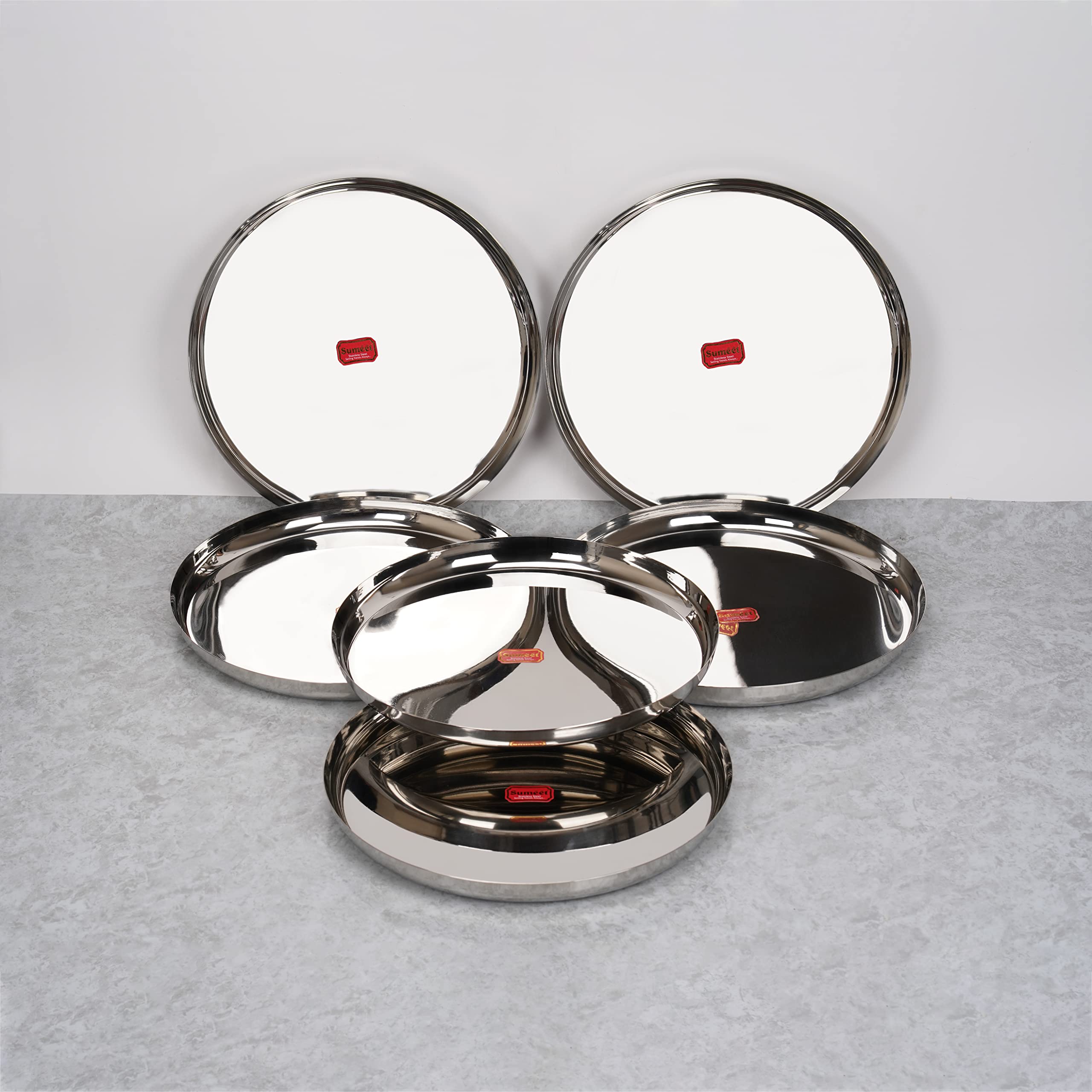 Sumeet Stainless-Steel Apple Shape Heavy Gauge Dinner Plates with Mirror Finish-34.6cm Dia, Set of 6pc, Silver